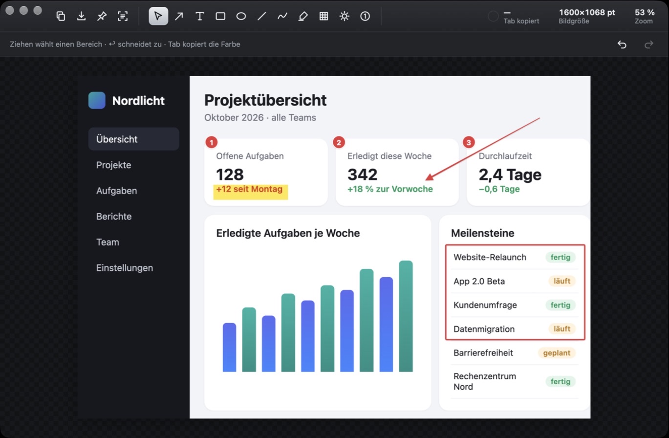 Der Shot-VILLA-Editor mit einem Pfeil, einem roten Rahmen, nummerierten Markierungen und gelbem Textmarker auf einer Projektübersicht