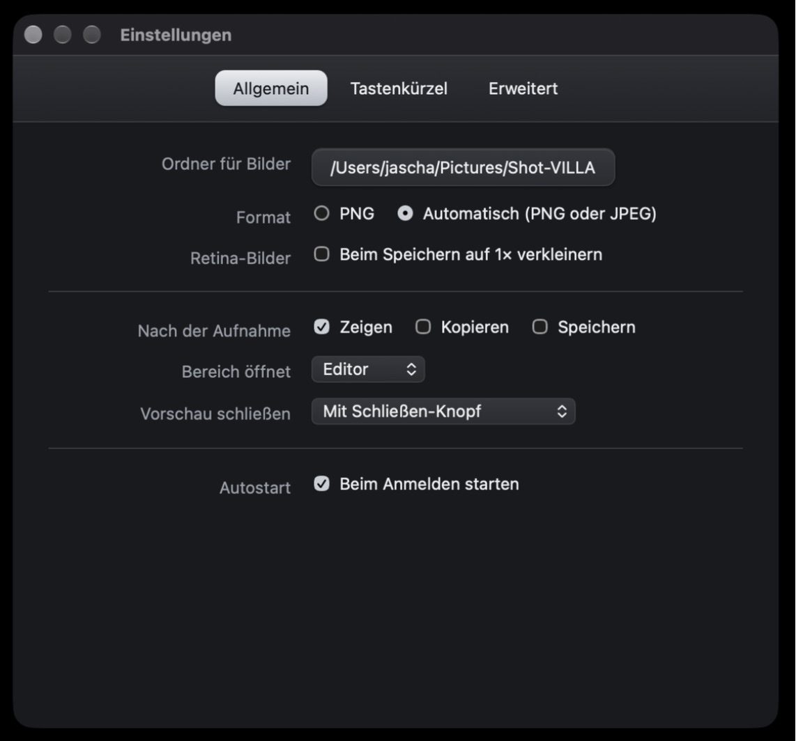Einstellungen, Reiter Allgemein: Ordner, Format, Verhalten nach der Aufnahme, Autostart
